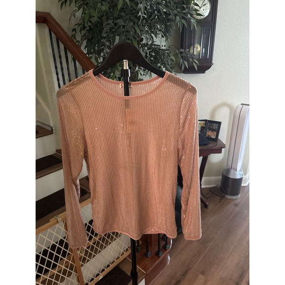 Free People Mink Sequin Knit Top Long Sleeve Sparkle Sheer Mesh Beige L - Picture 4 of 8